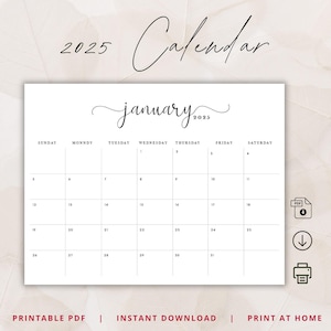 2025 Calendar Template Monthly Planner Landscape Elegant Monthly Calendar Sunday & Monday Start 2025 A4 Letter Size Calendar PRINTABLE PDF