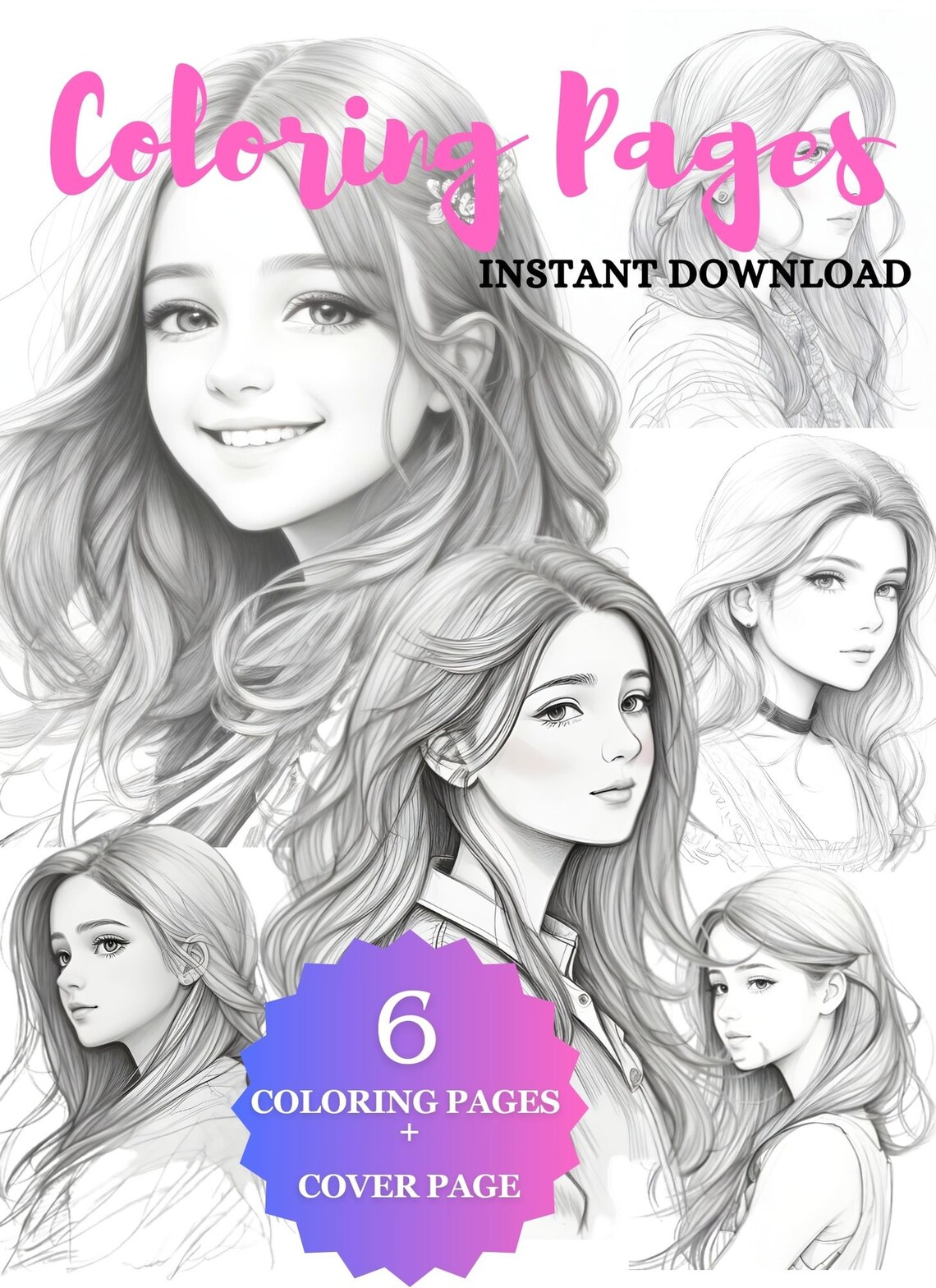 6 Coloring Pages for Adults PDF JPG Girls Grayscale Color Etsy