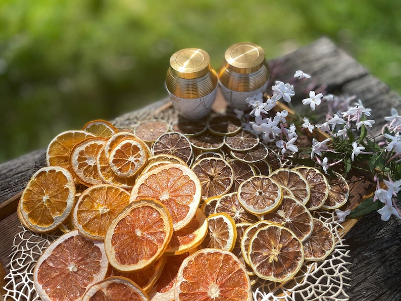 May include: A wooden tray with dried citrus fruit slices, including grapefruit, orange, and lime. Two small gold and white containers are in the background.