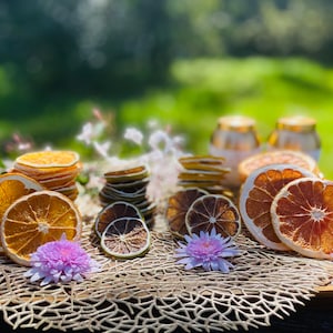May include: Dried citrus fruit slices arranged on a woven placemat. The slices include orange, grapefruit, and lime. There are pink flowers on the placemat.