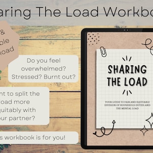 May include: A digital workbook titled "Sharing The Load Workbook" displayed on a tablet. The cover features the title in bold letters, with the subtitle "Your Guide to Fair and Equitable Division of Household Duties and the Mental Load."