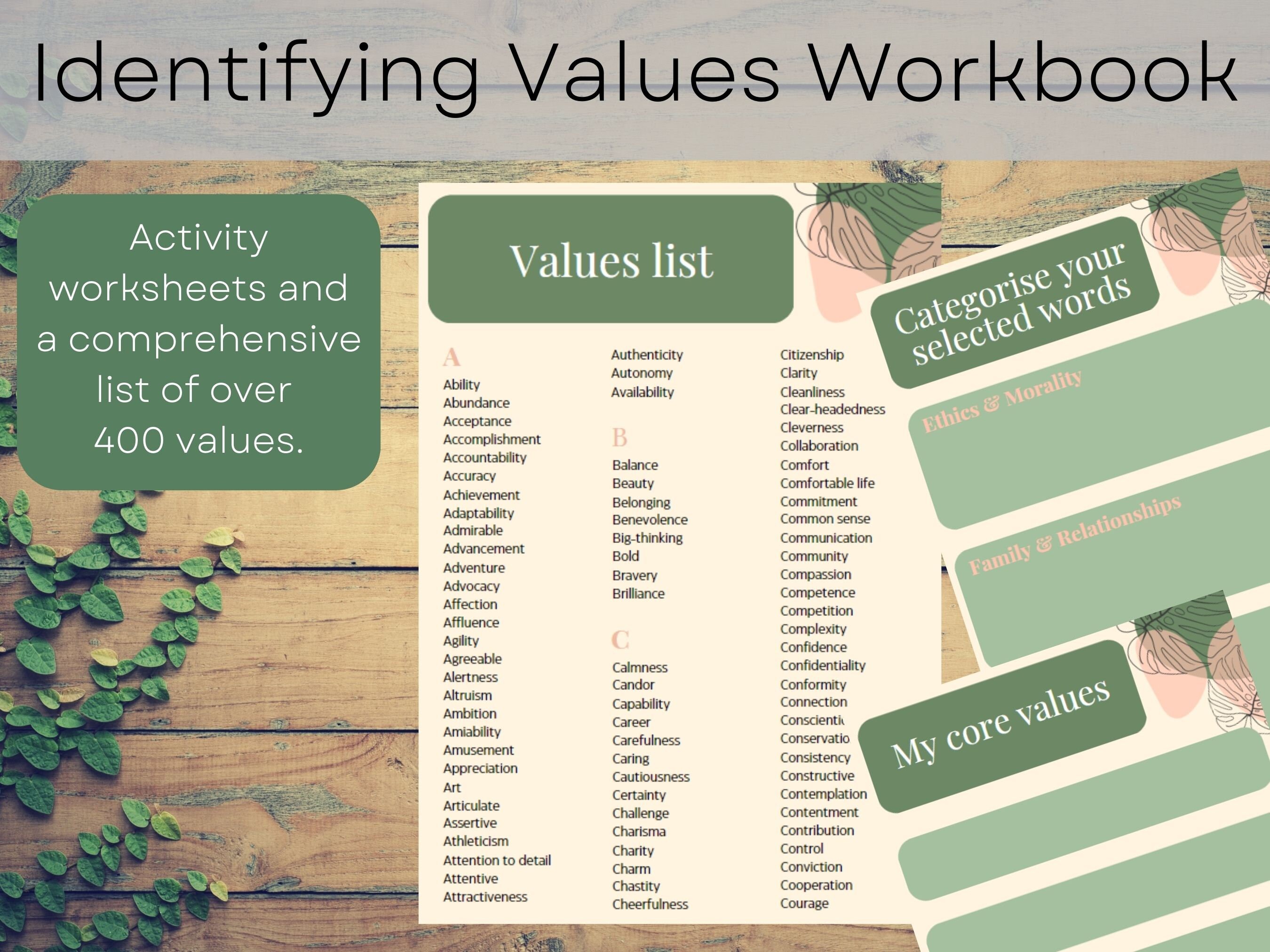 Values Examples Printable Digital Identifying Your Values Workbook | Personal Values List ...
