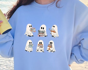 Suéter de libros de lectura de fantasmas, sudadera de Halloween librería, regalo de maestro de Halloween, sudadera con capucha de Halloween de bibliotecario, cuello redondo fantasma