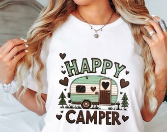 Chemise Happy Camper, sweat-shirt camping, cadeau pour amoureux de la nature, sweat à capuche ras du cou cadeau de voyage, sweat à capuche guimauves torréfiées, cadeaux de campeur