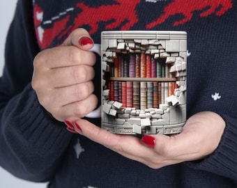 3D Book Mug Wrap, 3D Effect Realistic Books Mugs, Hidden Library with Hole-in-the-Wall Design, Whimsical 3D Bookshelf Mug, Book Lover Gift