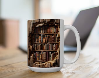 3D-boksmuggomslag, 3D-boksälskarmuggomslag, 3D-effektmugg, 15 oz muggdesign, dolt bibliotek med hål-i-väggen-design, present till bokälskare