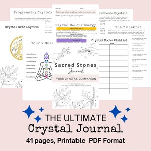 Peut inclure: Le Journal Ultime des Cristaux, un guide PDF imprimable de 41 pages avec des sections sur la programmation des cristaux, les configurations de grilles de cristaux, l'énergie des couleurs des cristaux, les 7 chakras et une liste de souhaits de livres sur les cristaux. La couverture présente une illustration colorée d'une personne méditant avec des chakras et un motif floral.