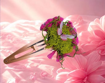 Frilled Pink Moss Butterfly Hair Clips - moss hairslides - fairy-themed hair accessories - cottagecore