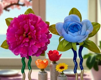hair pin hair poke hair stick rose cornflower magical hair comb blue magenta