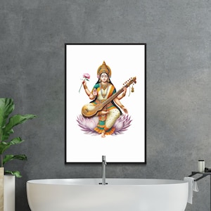 Hindu Saraswati Goddess Digital Art Print, Goddess Saraswati Playing Veena Artwork, Indian Deity Wall Decor, Spiritual Home Decor