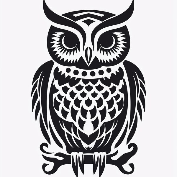 Owl image in stencil - Wise owl sits content. Generative images of Owls, Birds. PNG, JPG, SVG files for download.