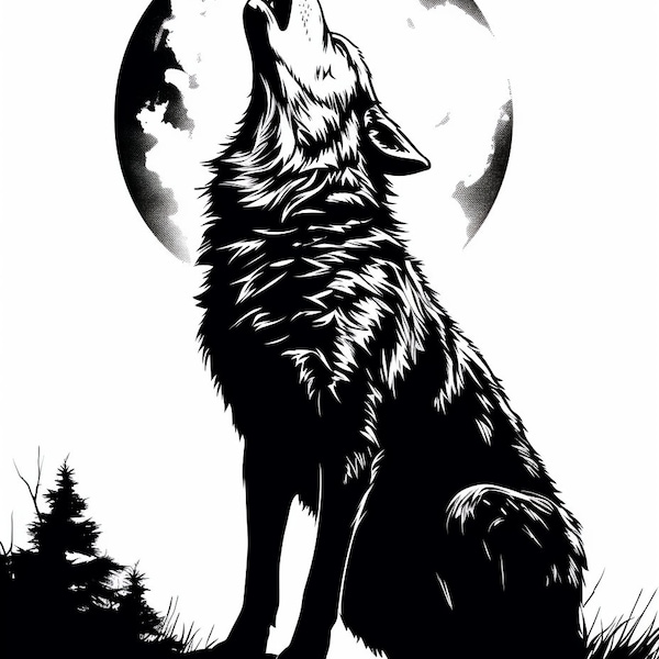 Wolf and Moon - Stencil image of wolf howling at the moon. SVG, JPG, PNG images for download