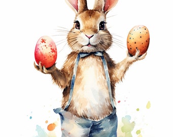 Aquarelle de lapin de Pâques avec des oeufs - Lapin de Pâques tenant des oeufs à l'aquarelle. Images SVG, PNG, JPG