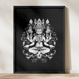 Schwarzweiße Hindu-Gottheit Digitale Kunstwerke, Heilige Yoga-Wandkunst, spirituelles meditatives Poster, Hinduismus-Wohnkultur, Digitaldruck
