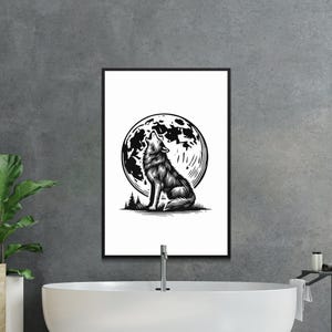 Lobo uivando para a lua Arte digital, impressão de lobo em preto e branco, arte de parede de lua cheia, download instantâneo, impressão de ilustração de vida selvagem