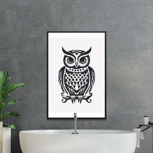 Owl Wall Art Printable, Tribal Owl Digital Print, Black and White Owl Art, Woodland Animal Decor, Instant Download Artwork