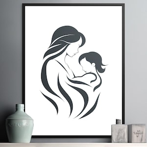 Arte mural de madre e hijo, impresión minimalista moderna, decoración monocromática para el hogar, arte de descarga digital, impresión abstracta de madre e hijo