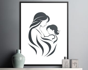 Mother and Child Wall Art, Modern Minimalist Print, Monochrome Home Decor, Digital Download Art, Abstract Mother and Child Print