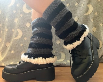 Crochet Leg Warmers | Handmade Grey and Black Faux Fur