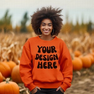 Africa American Female Halloween Orange Sweatshirt Mocks | Gildan 18000 Sweater Mockup | Fall Sweatshirt Mockup 18000 | pumpkin field