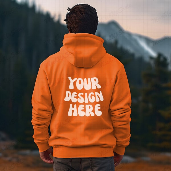 Male Orange Hoodie Back Mockup | Orange Gildan 18500 18600 Back Mockups | G185 G186 Orange Back mock | mountain mock | zip hoodie back