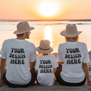 Family of 3 White Tshirt Back Mockup square | White Bella Canvas 3001 back mock | beach setting mock up with sun hats template for designer