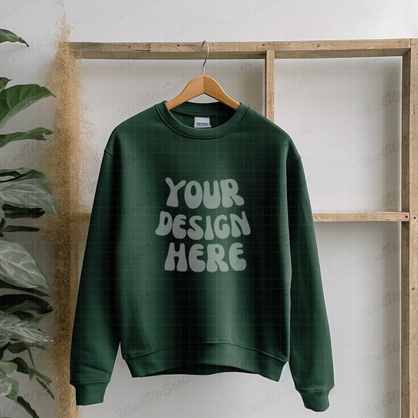 Forest Green Sweatshirt on Hanger Mockup | Forest Green Gildan 18000 Mockups | G180 Forest Green hanging sweater template | studio setting