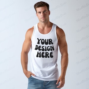 Muscular Male Model White Tank top Mockup | White Bella Canvas 3480 tank top mock up | man with muscle model | Simple Mockup