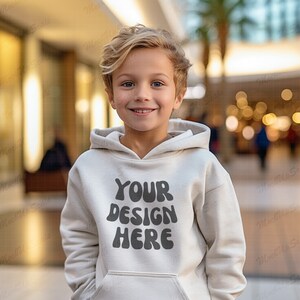 Kid Boy White Hoodie Mockup | White Gildan 18500B Mockups | shopping mall background G185B White mock | shopping center setting
