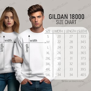 Gildan 18000 Sweatshirt S-5XL Size Chart for Couple | G18000 Sweatshirt Size Chart | Couple&#39;s Sweatshirt Size Chart | G180 Plus Size chart