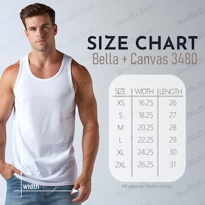 Bella Canvas 3480 Size Chart for Man | BC3480 Size Chart | Man&#39;s Tank Top Size Chart |BC3480 Male Size chart Info|Racerback Tank Top Sizing