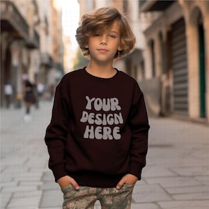 Kid Boy Maroon Sweatshirt Mockup | Maroon Gildan 18000B Mockups | G180B Kid Maroon sweater mock | boho styled mocks | street mock up
