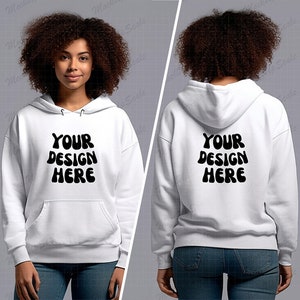 Africa American Female White Hoodie Front and back  Mockup | White Gildan 18500 Mockup | Both sides Gildan Mockup White mocks