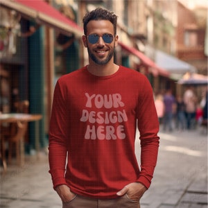Male Red Long Sleeve mockup | Red Gildan 2400 Mockups | Bella Canvas 3501 mock up | long sleeve tshirt Street mockup