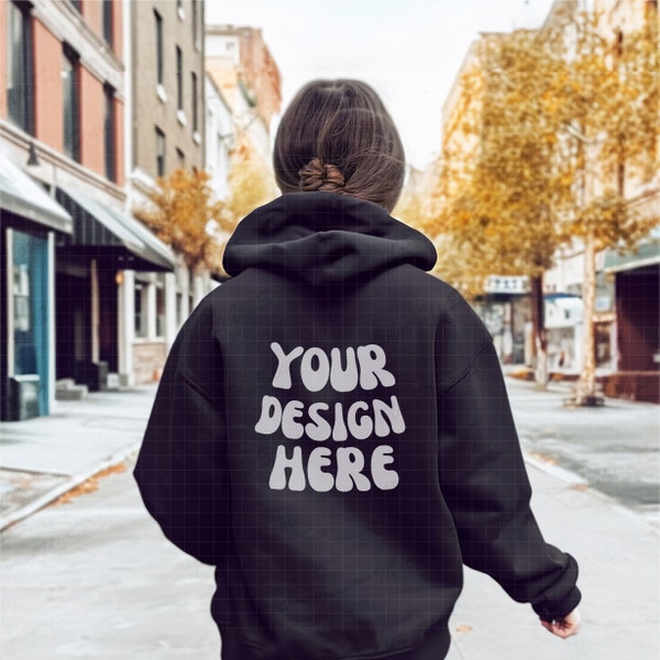 Female Black Hoodie back mockup | Black Gildan 18500 18600 back Mockups | Black Hoodie back template | street mockup | zip hoodie mocks