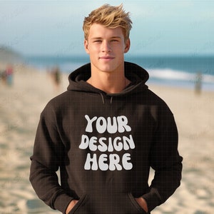 Male Dark Chocolate Hoodie Mockup | Dark Chocolate Gildan 18500 Mockups | G185 Dark Chocolate mock | young male model | beach mock up