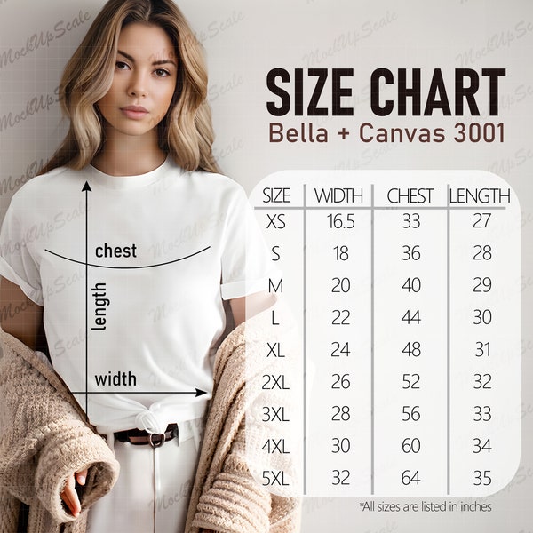 Bella Canvas 3001 S-5XL Size Chart for Woman | BC3001 Size Chart Tshirt Size Chart | BC3001 Female Size chart Info| T shirt Measurements