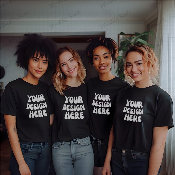 Girl Group of 4 Black Shirt Mockup square | Black Bella Canvas 3001 Mockups | Diversity bachelorette group | Bridal Party multiracial mock