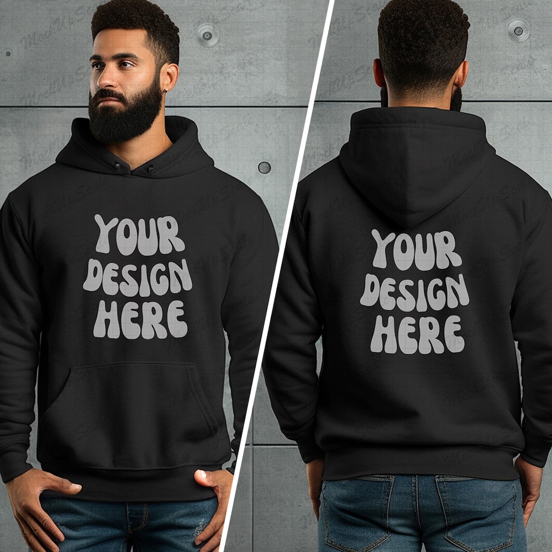 Male Black Hoodie Front and Back Mockups Black Gildan 18500 Mockups ...