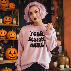 Gildan 18000 Light Pink Mockup|Halloween Mocks 18000|Female Gildan Sweater Mockup|Sweatshirt Woman Model Mockup|Fall Sweatshirt Mockup
