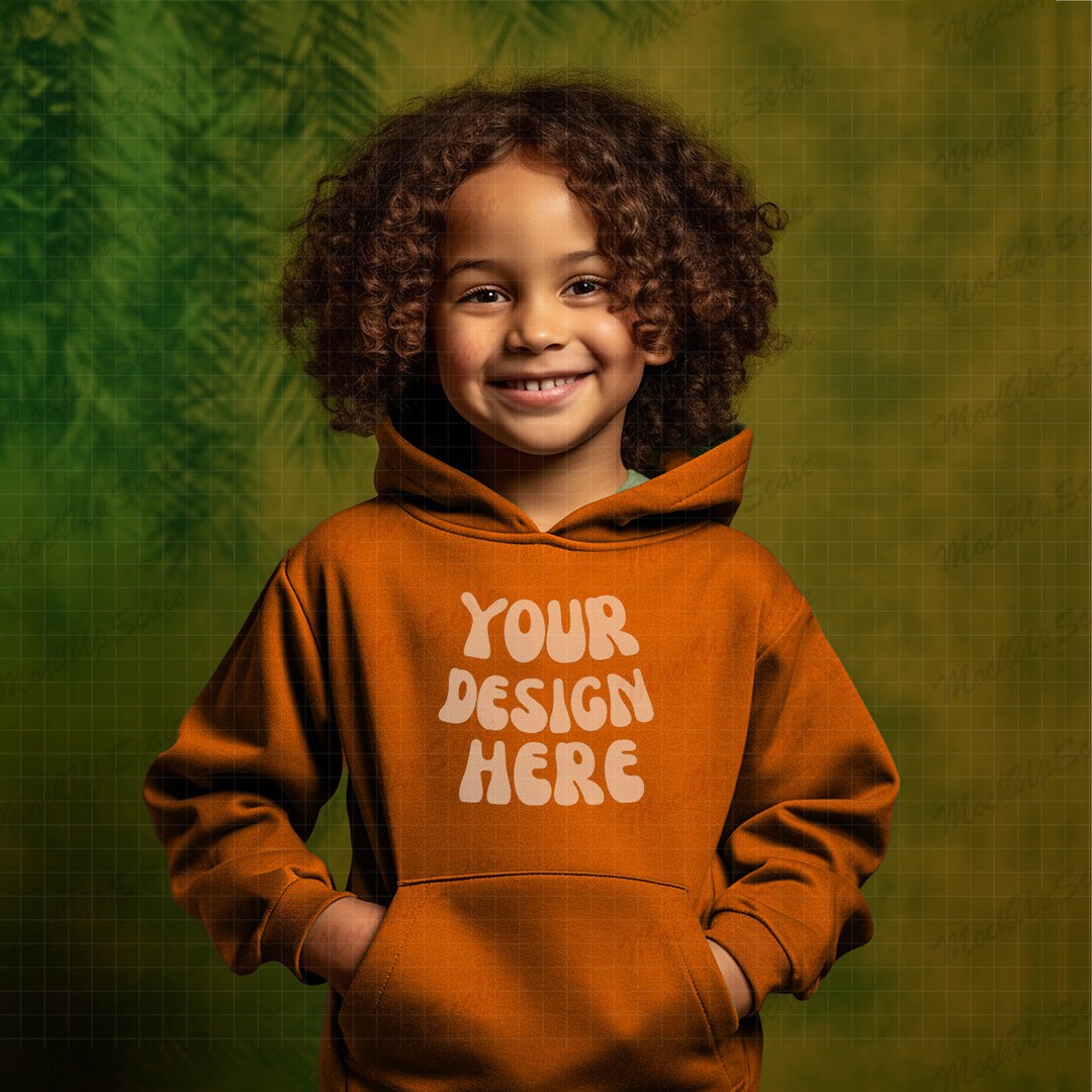 Africa American Kid Orange Hoodie Mockup Orange Gildan 18500B Mockups