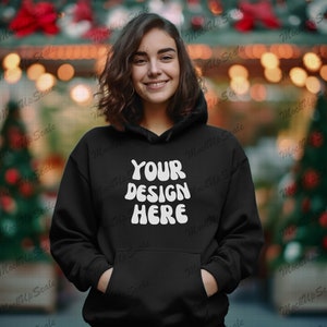 Female Black Hoodie mockup SQUARE | Black Gildan 18500 Mockups | Black Christmas Hoodie mock up | mock up with Christmas tree |holiday decor