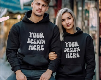 Couple Black Hoodie square mockup | Black Gildan 18500 Mockups | Man and woman  Couple Model | mock with silver hair | pair of black hoodie