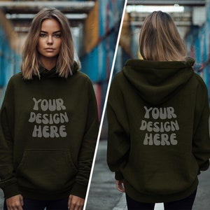 Female Military Green Hoodie Both sides Mockups | Military Green Gildan 18500 Mockup | Front and back Hoodie Mock | storage setting