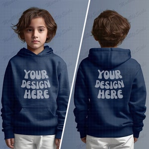 Kid Navy Front and Back Hoodie Mockups | Navy Gildan 18500B Mockup | Both sides Navy Gildan Hoodie Mockup for kid | template for designer