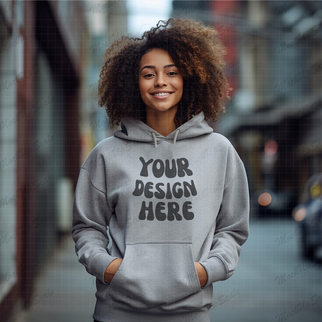 Africa American Female Sport Grey Hoodie Mockup Sport Grey Gildan 18500 ...