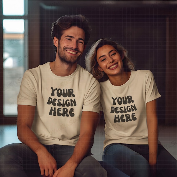 Couple Soft cream Tshirt Square mockup | Soft cream Bella Canvas 3001 Mockup | snuggling Man and woman | Pair of Soft cream tee template