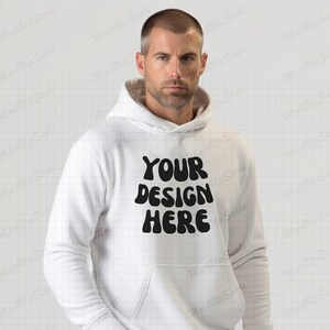 Male White Hoodie Mockup SQUARE | Gildan 18500 Mockups | g185 White Hoodie Mock | clean wall mock up | clean background | handsome model