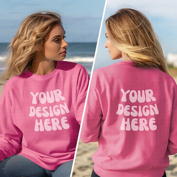 Female Safety Pink Sweatshirt Front and Back Mockup | Safety Pink Gildan 18000 Mockup | Woman Both sides sweater template | beach setting