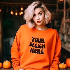 Halloween Mocks 18000|Gildan 18000 Orange Mockup| Female Gildan Sweater Mockup|Sweatshirt Woman Model Mockup|Fall Sweatshirt Mockup 18000